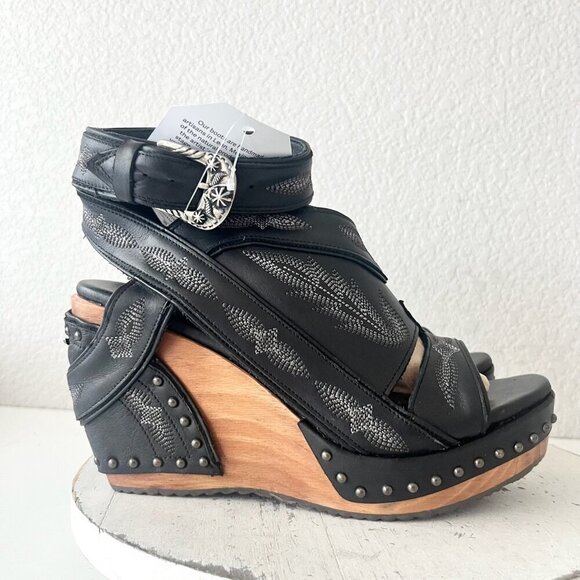 Lane Boots LEXINGTON Womens Black Wedges 10 Western Sandals Cowgirl Wooden Heel - Picture 2 of 11